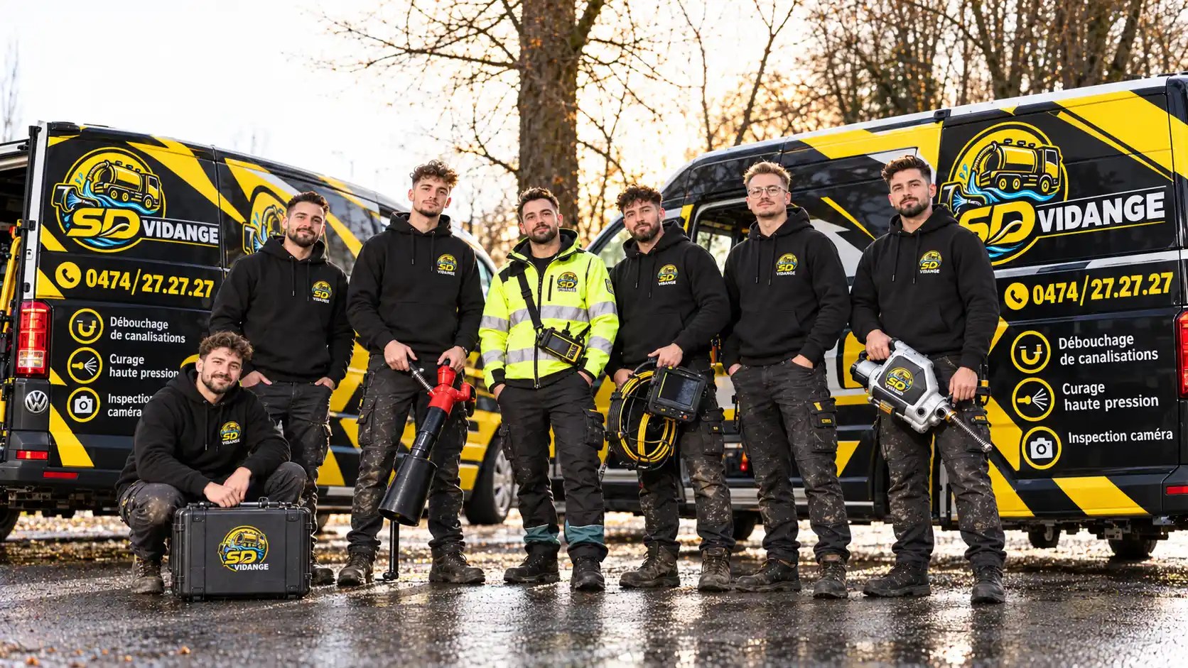Trois techniciens SD Vidange posent avec dévidoir caméra, mallette et lance haute pression devant leur fourgon
